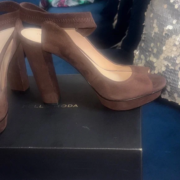 Pelle Moda Dark Brown Peep-Toe Heels - Picture 3 of 12